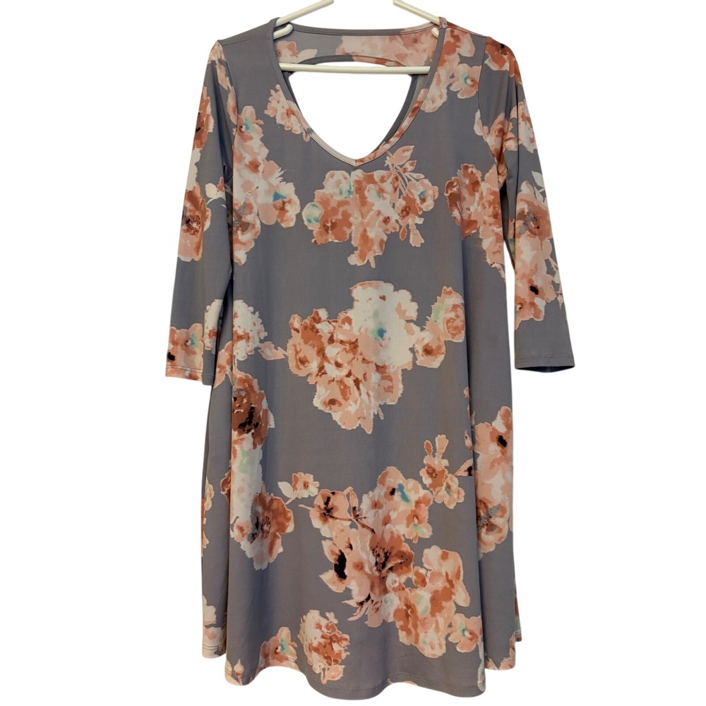 MTS Women Grey Peach Floral V-Neck 3/4 Sleeve Cut-Out Back Pocket Mini Dress M